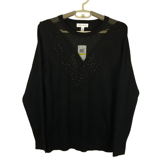 Rio & Rian Womens Sweater M Black Knit Round Neck Rhinestones Mesh Pullover - Picture 1 of 11